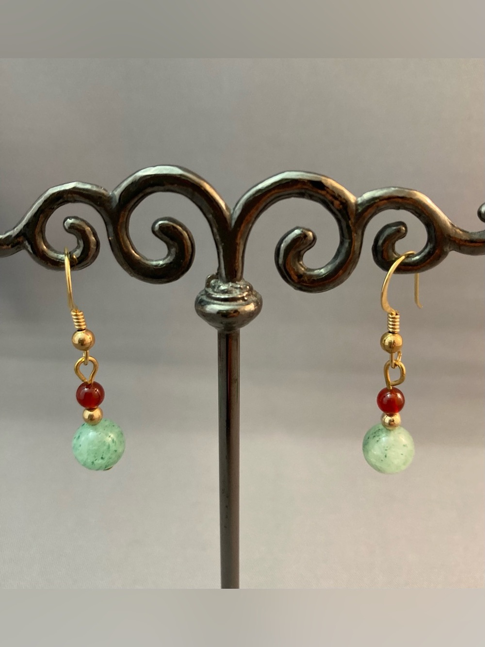 Handmade light jade and carnelian bead dangle earrings